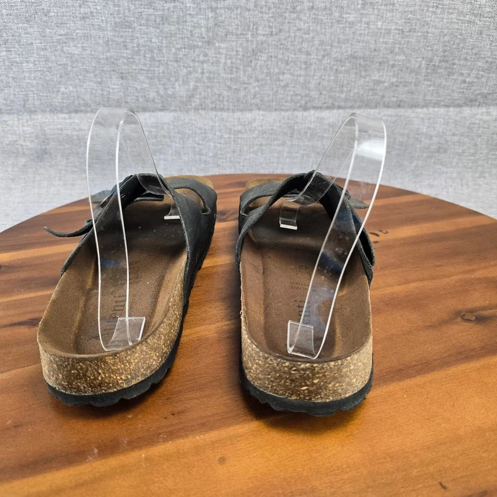 Aurenti Genuine Leather Black Double Strap Buckle Cork Footbed SlideSandals SZ11